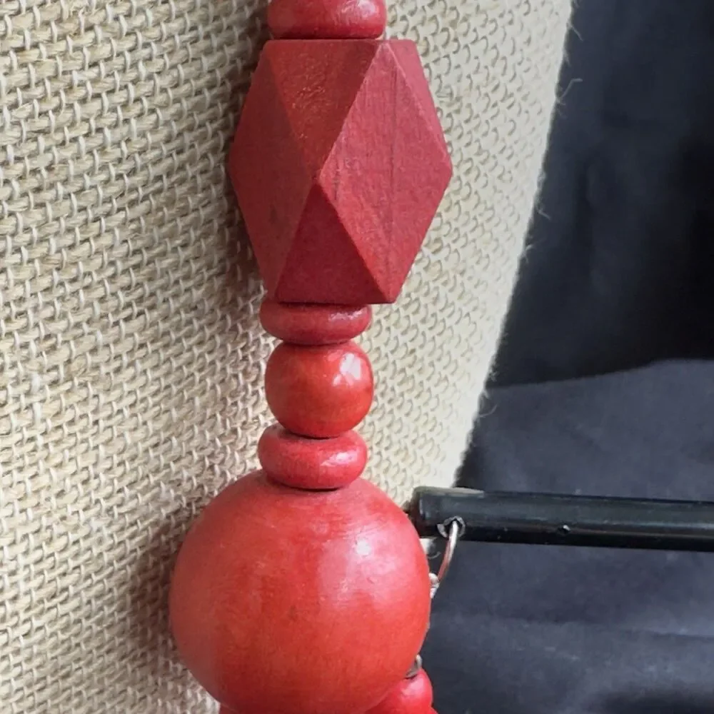 Necklace w Matching Earrings Fashion Set Statement Chunky Red Light Wooden Bead